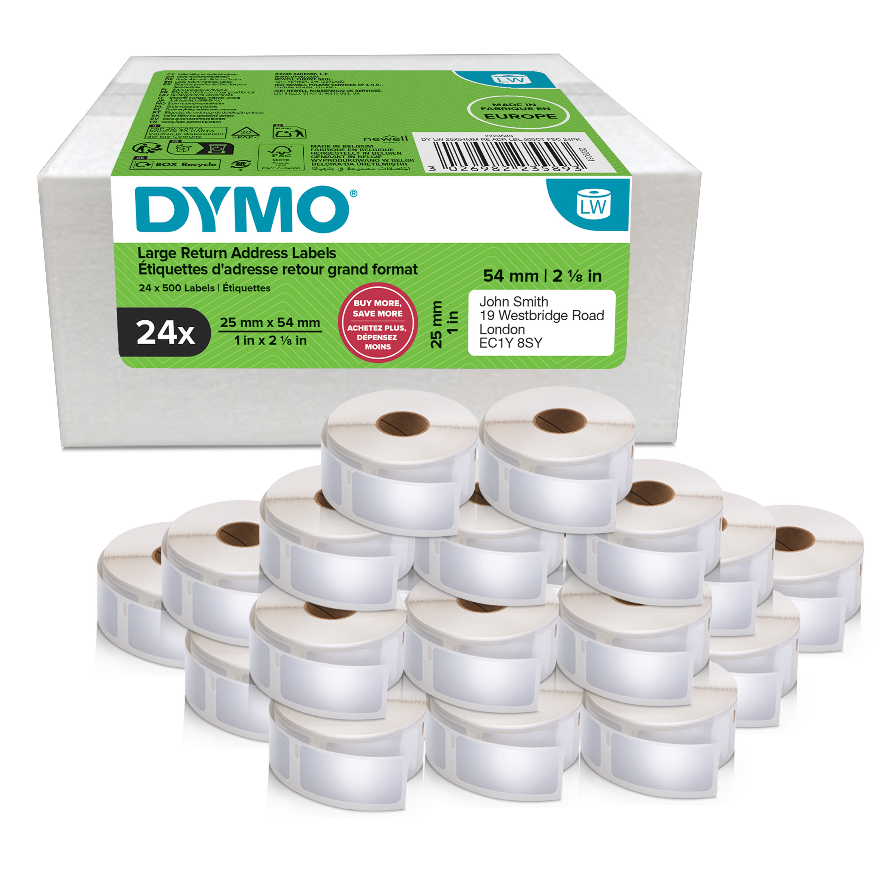 Dymo LabelWriter Adress Label 24 Rolls 25 mm x 54 mm Weiß