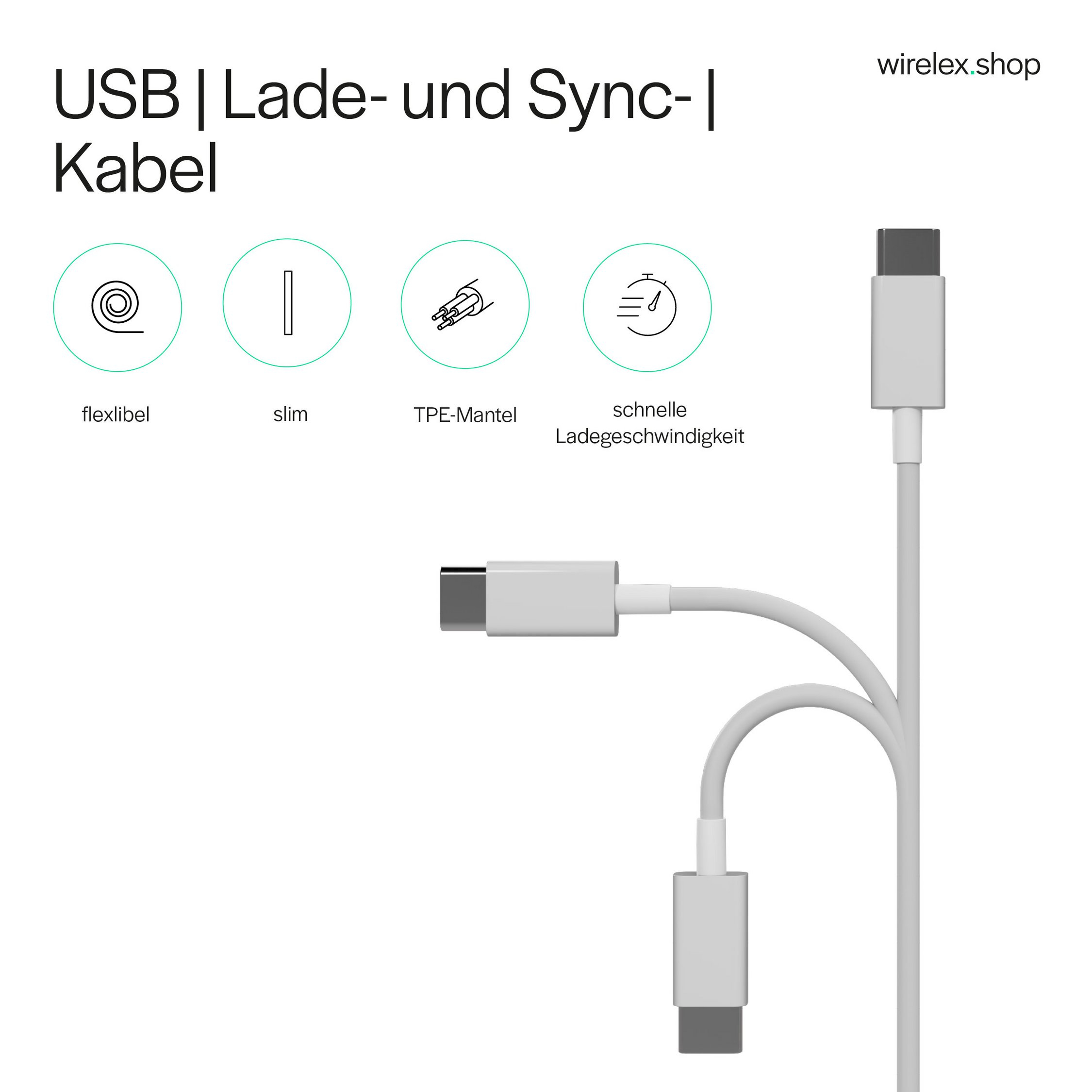 Flexline USB-A auf USB-C Lade- und Sync-Kabel, USB 2.0, 1 m, Weiß