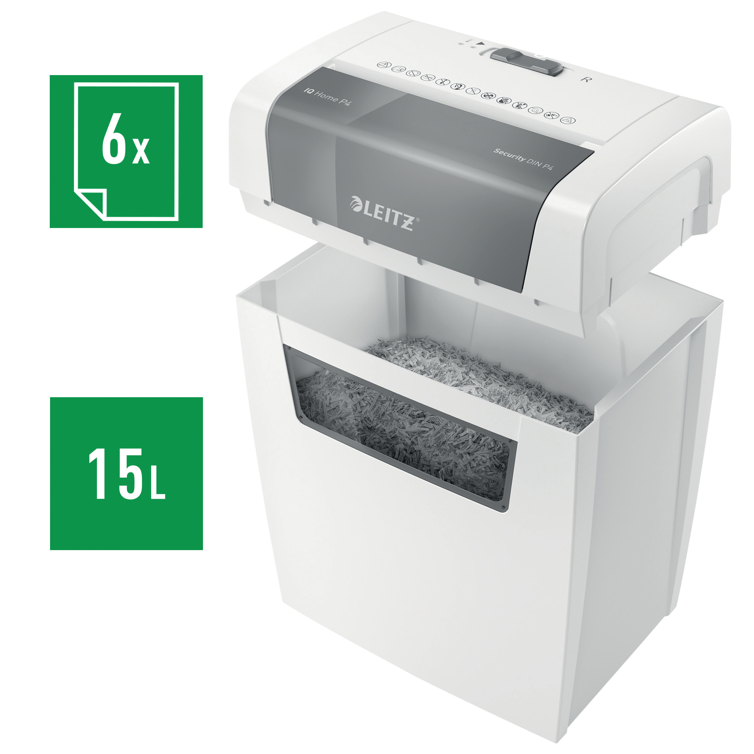 Leitz IQ Home P4 Aktenvernichter Partikelschnitt P-4 6 Blätter 15 l Weiß