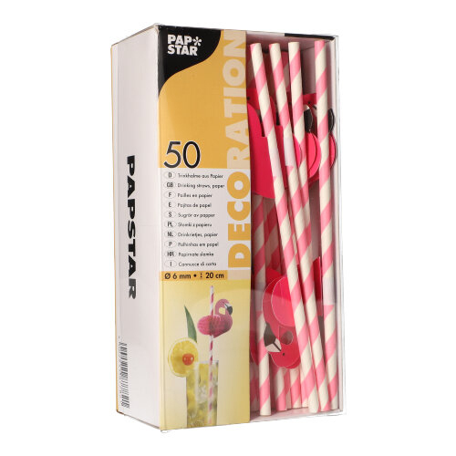 PAPSTAR Papier-Trinkhalm Flamingo, 200 mm x Ø 6 mm, 50 Stück, Pink/Weiß