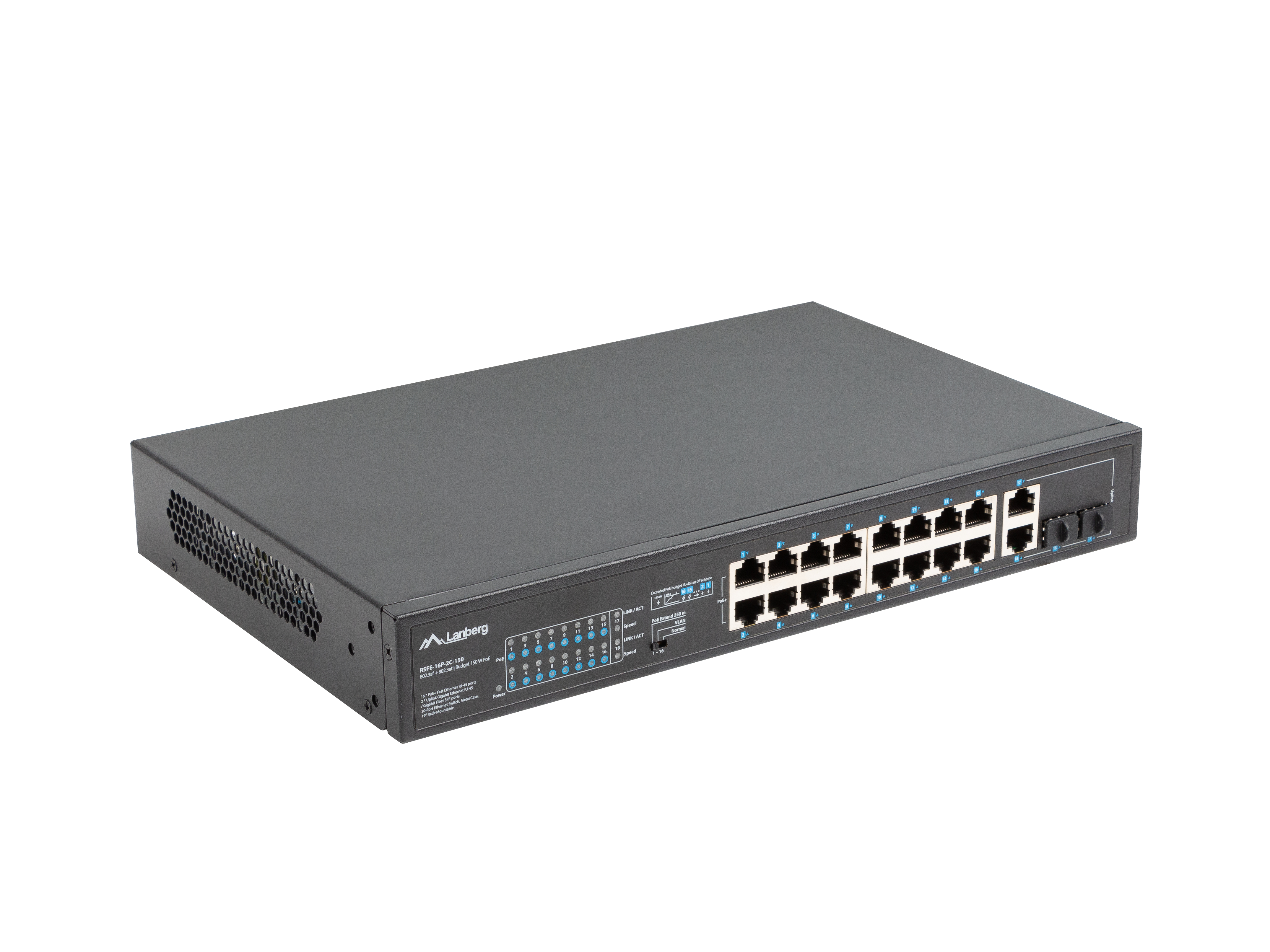 Lanberg RSFE-16P-2C-150 Switch 16 x 10/100 PoE+ 2 x Combo Gigabit SFP/RJ-45 Schwarz