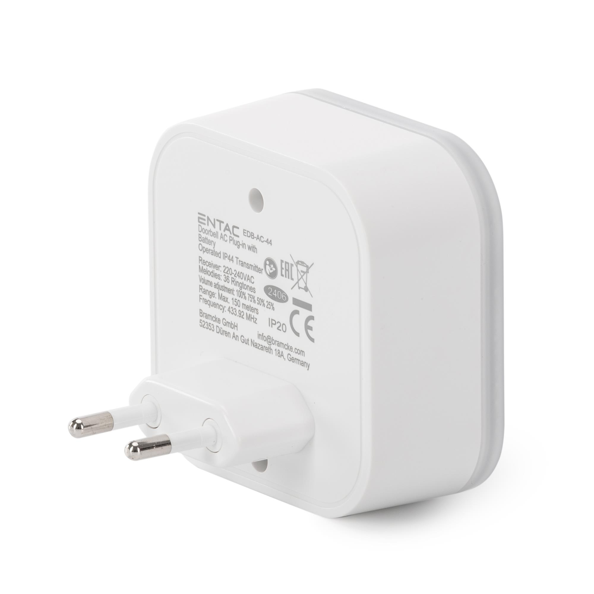ENTAC Türklingel Kabellos AC Plug-in IP44 150 m Reichweite Weiß