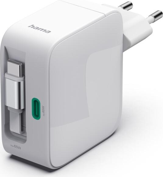 Hama Schnellladegerät, GaN, 2x USB-C, ausziehbares Ladekabel, PD, 65 W, Weiß (00200025)
