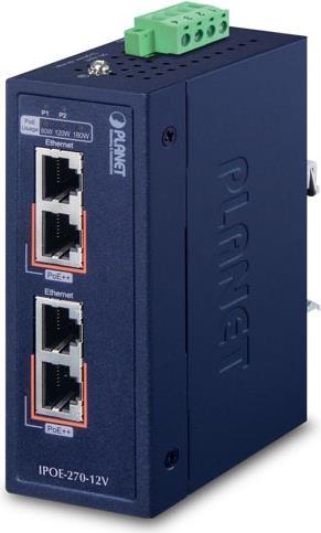 Planet IPOE-270-12V. Ethernet Schnittstellen Typ: 2.5 Gigabit Ethernet,5 Gigabit Ethernet,Gigabit Ethernet, Ethernet LAN Datentransferraten: 10,100,1000,2500,5000 Mbit/s, Netzstandard: IEEE 802.3bt. Produktfarbe: Blau, Zertifizierung: FCC 15 A, CE. Eingangsspannung: 12 - 56 V. Breite: 41 mm, Tiefe: 70 mm, Höhe: 115 mm. Anzahl enthaltener Produkte: 1 Stück(e) (IPOE-270-12V)