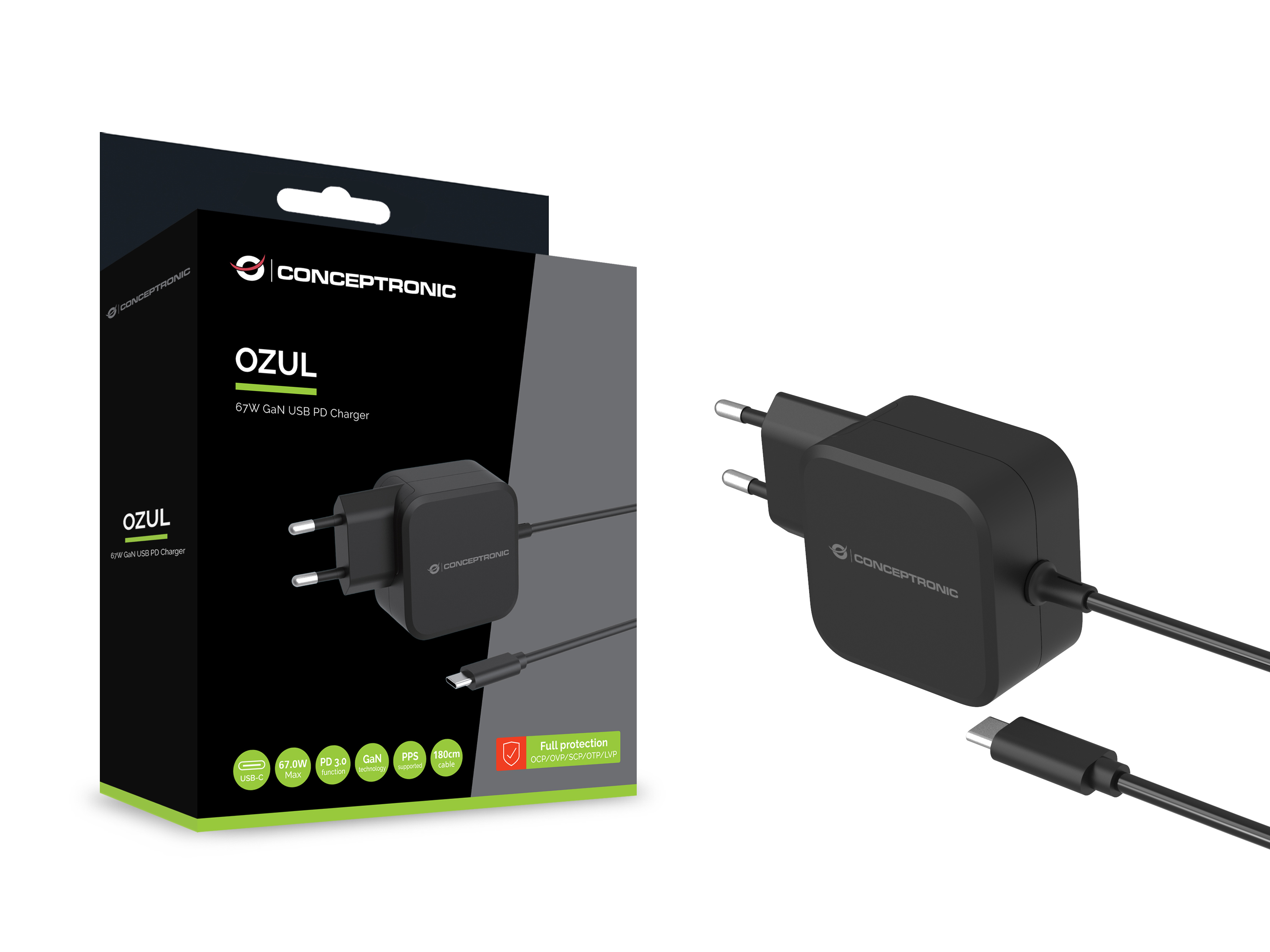 Conceptronic OZUL04BE 67W GaN USB-PD-Ladegerät 1,8 m Schwarz