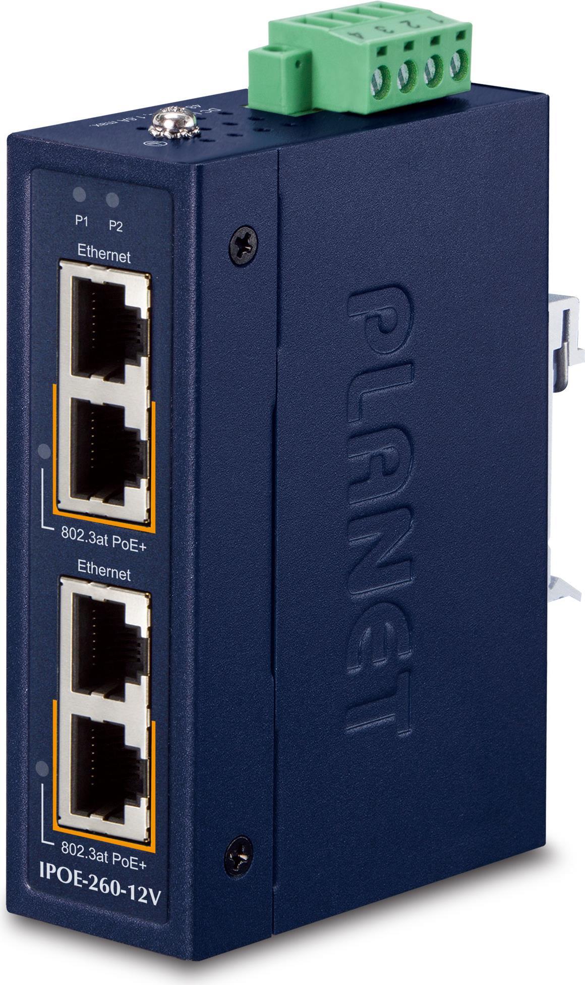 PLANET Industrial 2-port 10/100/1000T Gigabit Ethernet (10/100/1000) Power over Ethernet (PoE) Blau (IPOE-260-12V)