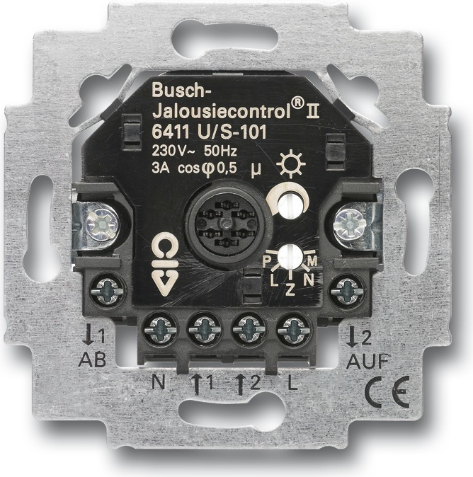Busch-Jaeger 6411 U/S-101. Produkttyp: Auslöser Rollo/Jalousie, Befestigungstyp: Unterputzmontiert, Anzahl Kanäle: 2 Kanäle. Energiequelle: AC, Leistung: 690 W, Maximale Schaltleistung: 690 W. Breite: 71 mm, Tiefe: 33 mm, Höhe: 71 mm (2CKA006410A0379)