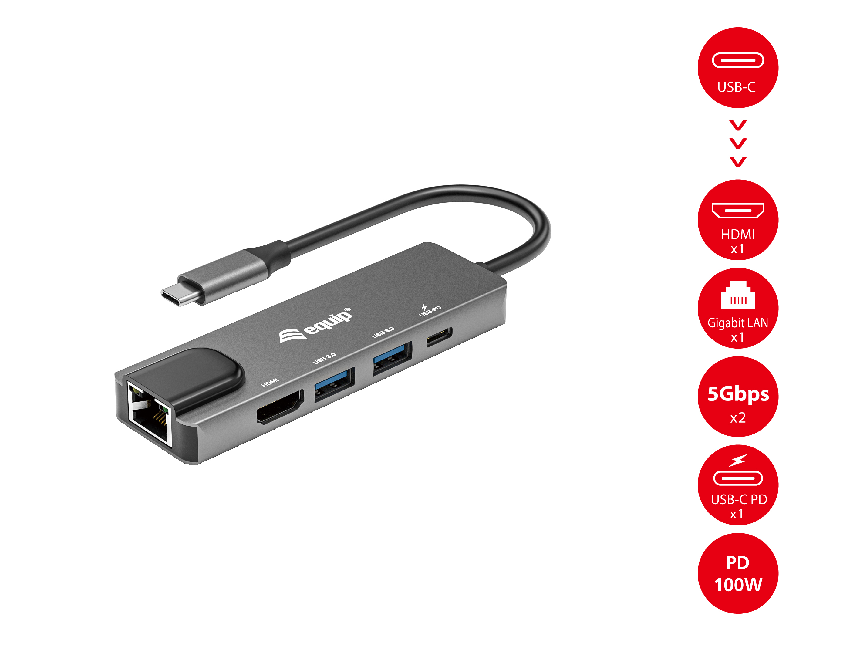 equip USB-C 5-in-1-Multifunktionsadapter HDMI Gigabit LAN 100W USB PD Grau