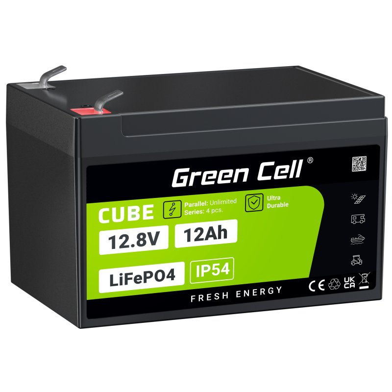Green Cell CUBE LFPGC12V12AH LiFePO4 Akku 12,8 V 12 Ah Flachstecker Schwarz, Grün