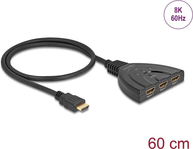 Delock HDMI Switch 3 x in zu 1 out 8K 60 Hz mit integriertem Kabel 60 (18649)