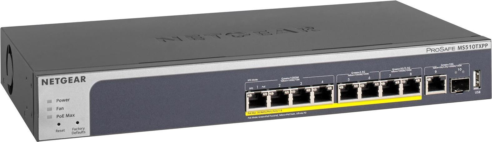 Netgear 10-P.MULTI GB POE+ SMART SWITC 8-Port PoE+ Multi-Gigabit Smart Managed Pro Switch mit 2 10G Kupfer/Fiber Uplinks, 180W PoE Budget, aufgegliedert in 2-Port RJ-45 Multi-GB Eth IEEE 802.3bz (NBASE-T) 100M/1G/2.5G/5G with PoE+ (MS510TXPP-100EUS)