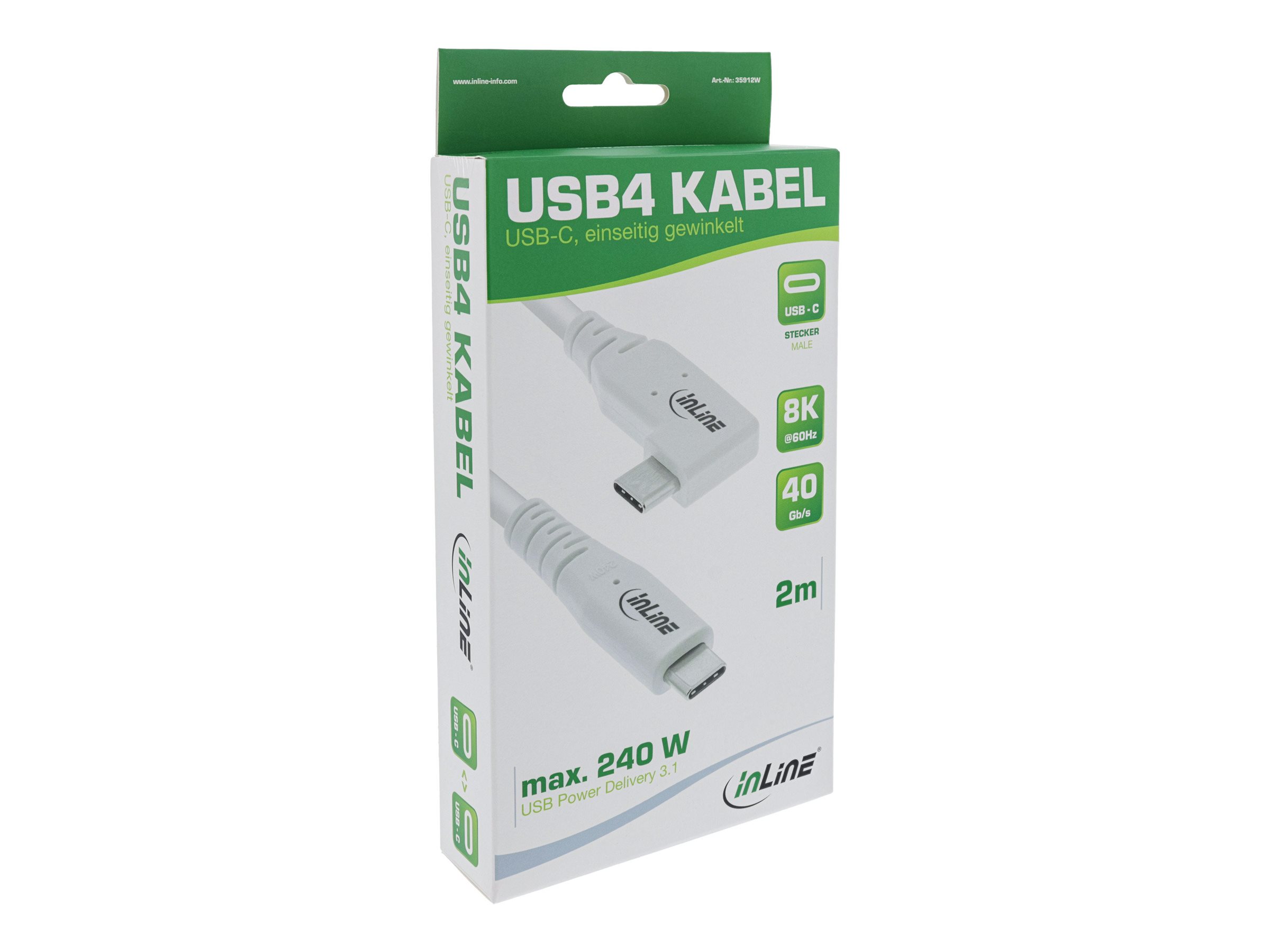 InLine USB4 Kabel USB-C einseitig gewinkelt PD 240 W 8K@60Hz 2 m Weiß