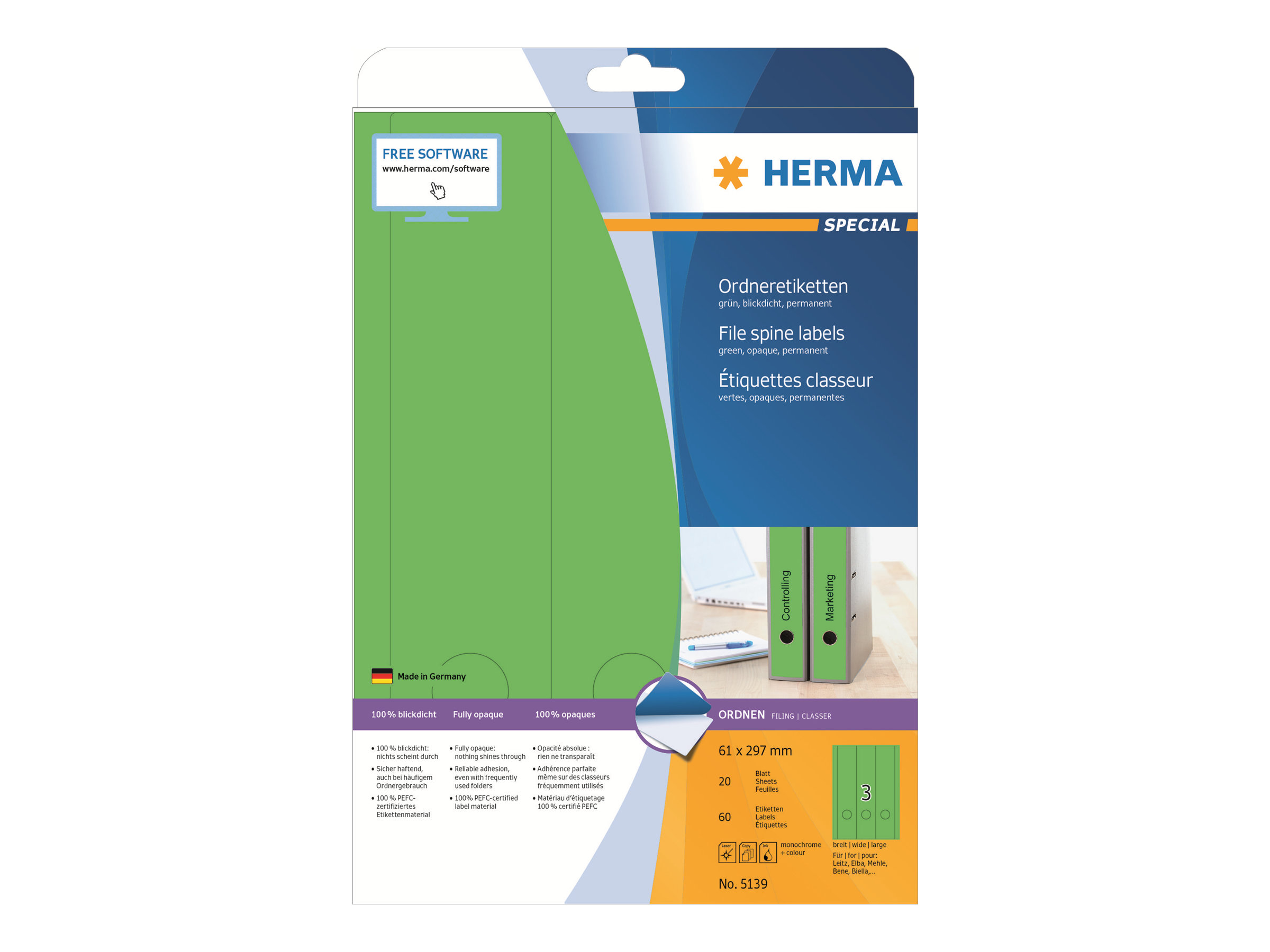 HERMA Special Ordner-Etiketten 61 x 297 mm blickdicht selbstklebend Chlorfrei PEFC-zertifiziert Grün