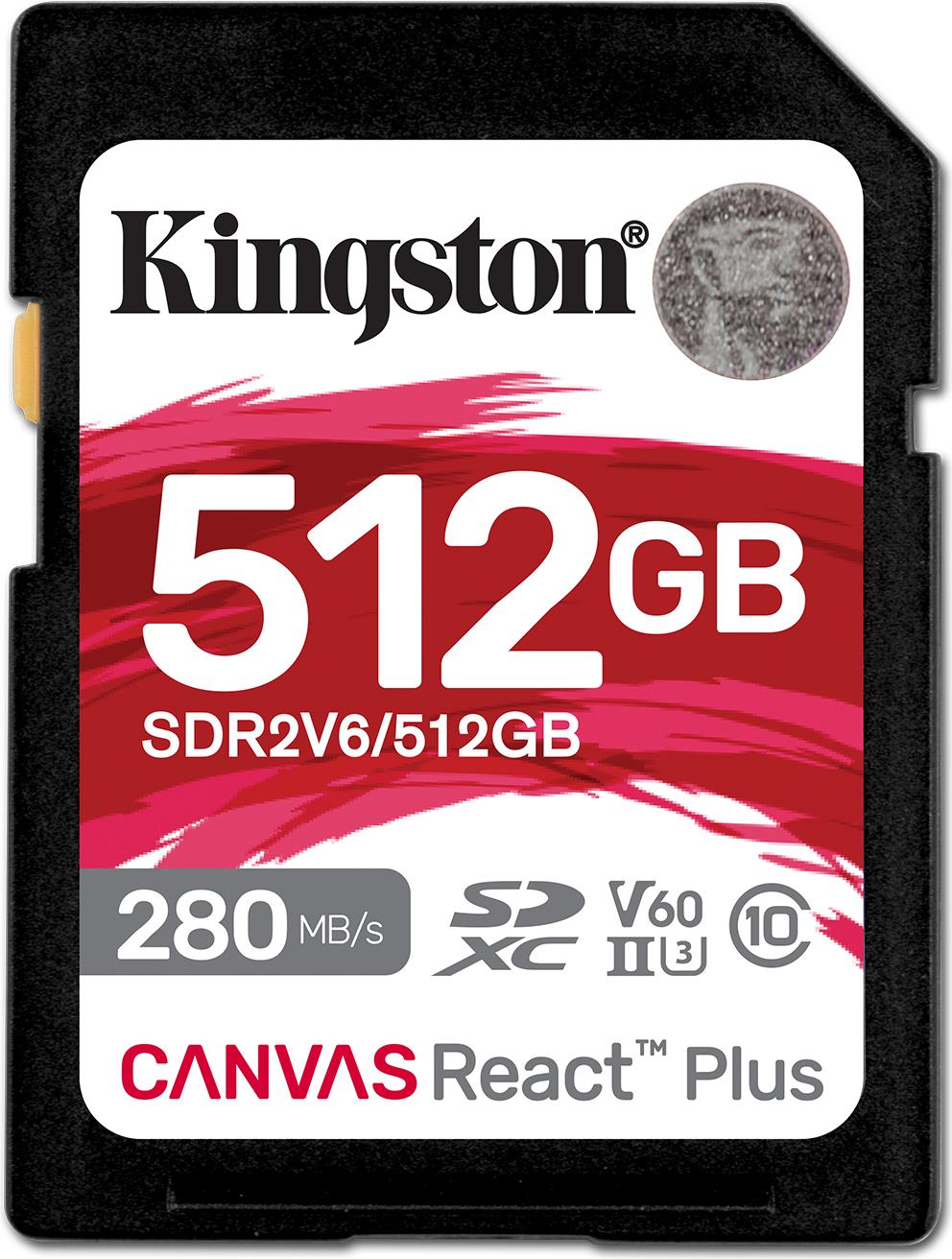 Kingston Technology 512GB Canvas React Plus SDXC UHS-II 280R/150W U3 V60 for Full HD/4K (SDR2V6/512GB)