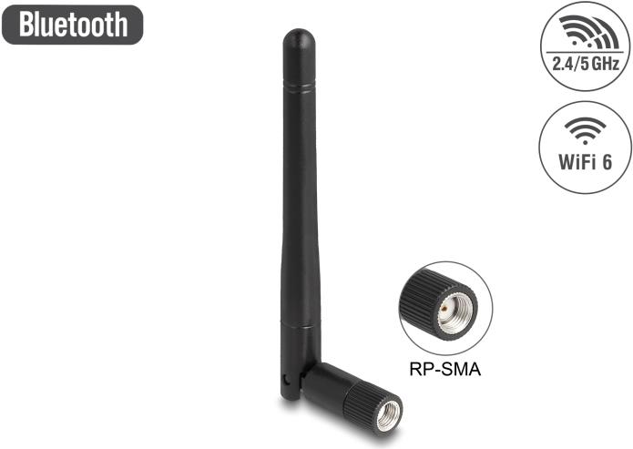 Delock WLAN 802.11 ac/ax/a/b/g/n Antenne RP-SMA Stecker 2 dBi omnidirektional mit (90150)