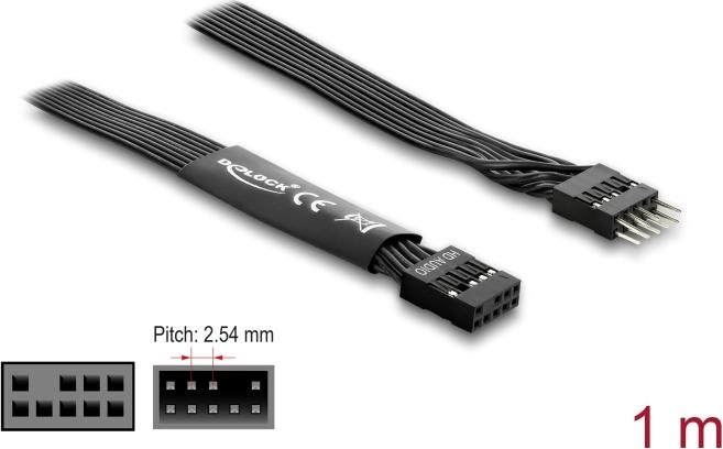 Delock HD Audio Flachbandkabel Mainboard Verlängerungskabel 9 Pin Pfostenstecker zu Pfostenbuchse 1 m schwarz (86059)