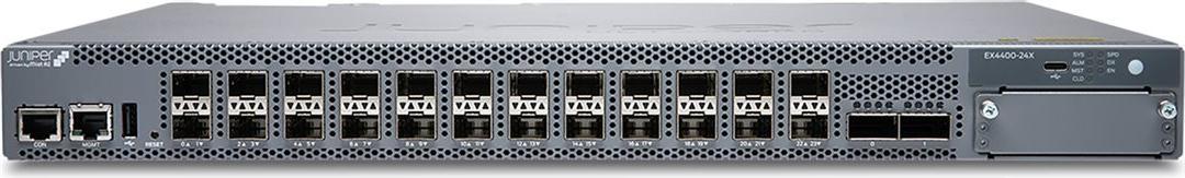 Juniper 24x10GbaseX switch with 2x100G uplink ports. MACsec AES256. Airflow into PSU. Optional module-4x10G or 4x25G (EX4400-24X-AFI)