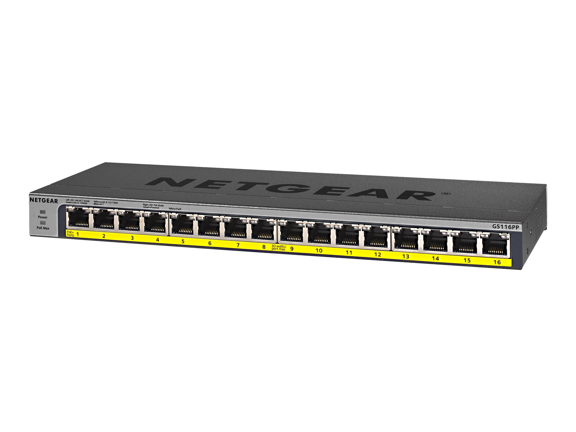 NETGEAR GS116LP 16-Port Gigabit Ethernet PoE+ Switch Schwarz, Grau