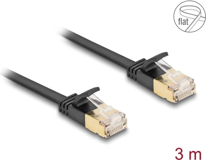 Delock RJ45 Netzwerkkabel Cat.6A Stecker zu Stecker mit robuster Rastnase und Cat.7 Rohflachbandkabel U/FTP 3 m schwarz (80347)