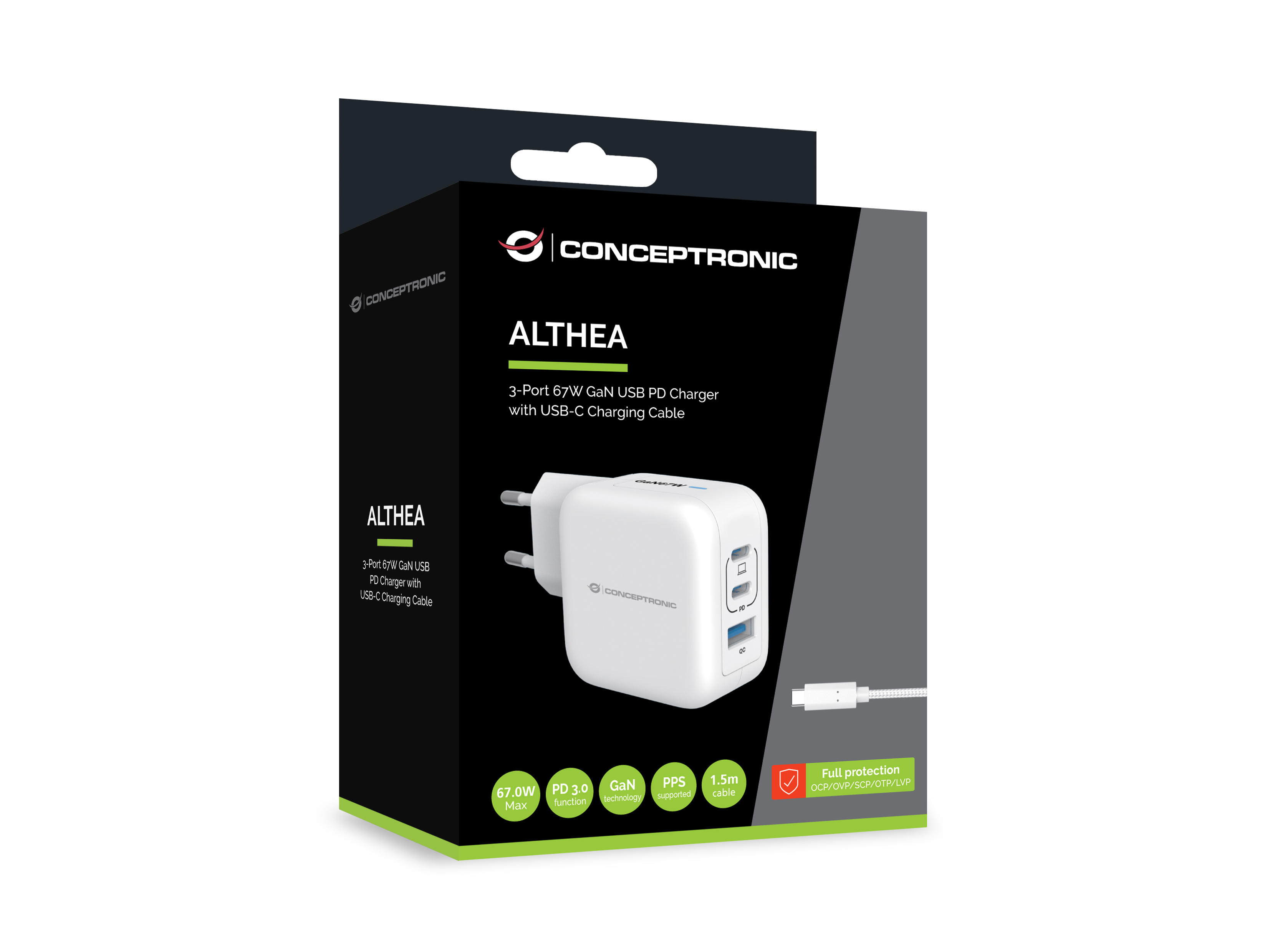 Conceptronic ALTHEA17W 3-Port GaN Ladegerät 67W 2x USB-C 1x USB-A Weiß