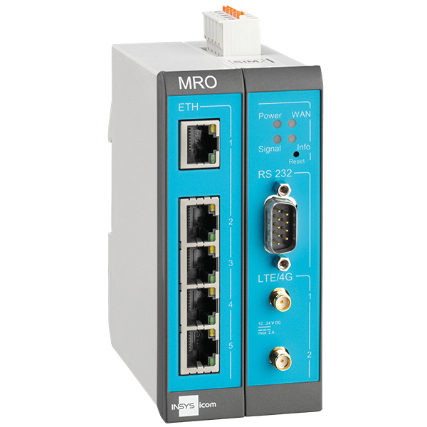 INSYS MRO-L210 LTE-Router, DIN-Schiene, 5x RJ-45, 100 Mbps, Blau/Grau/Weiß