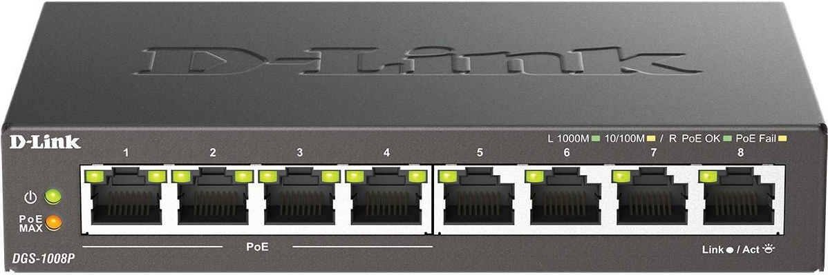 D-Link DGS 1008P Unmanaged Switch 8 Ports 4x PoE Gigabit Ethernet Schwarz