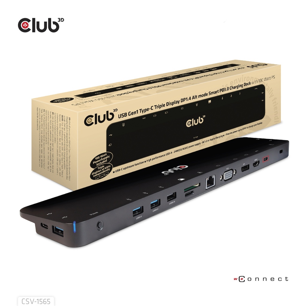 Club 3D CSV-1565 Dockingstation USB-C HDMI DP VGA LAN 100W Schwarz