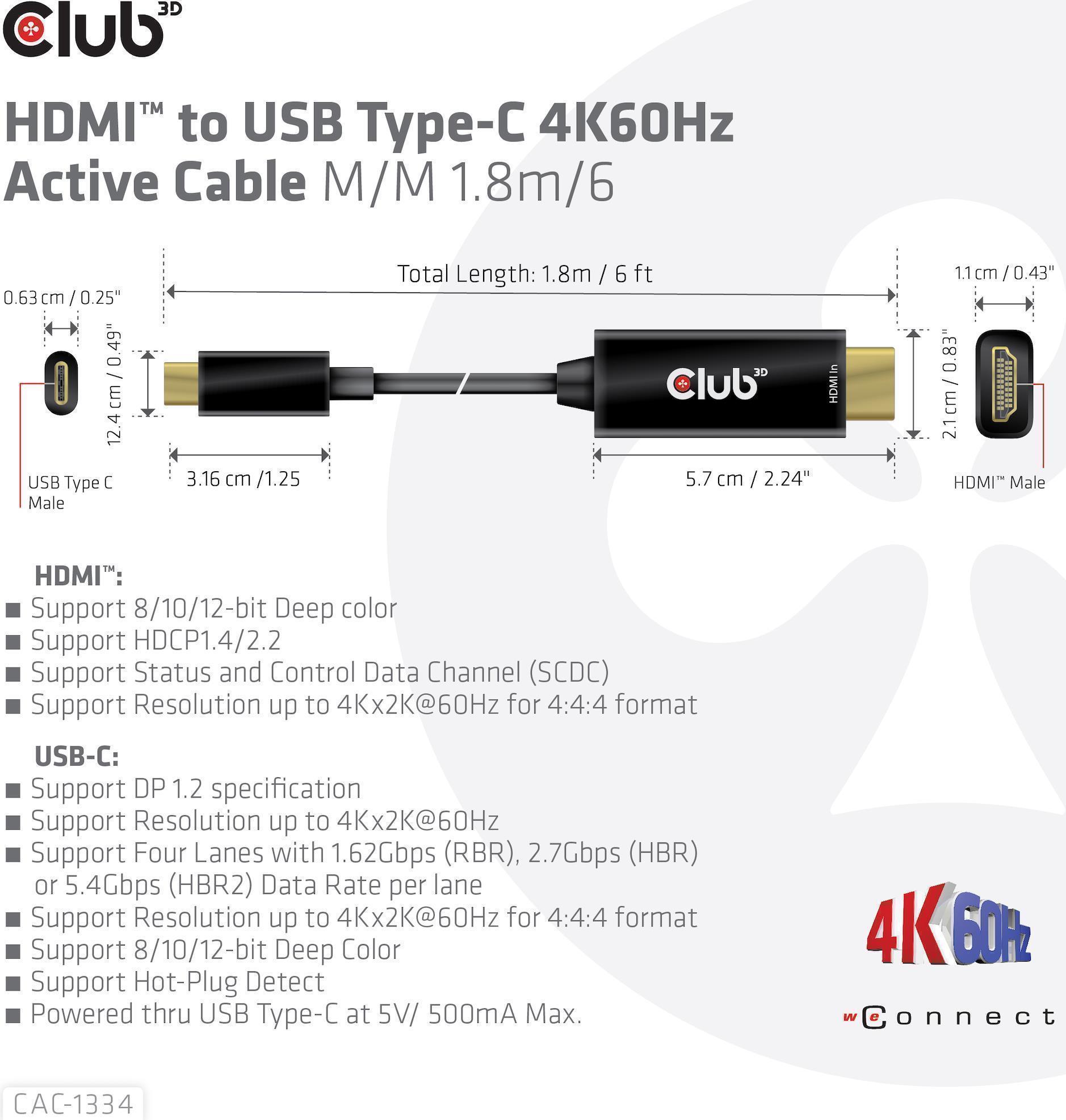 Club 3D CAC-1334 HDMI auf USB-C Aktives Kabel 1.8 m Schwarz