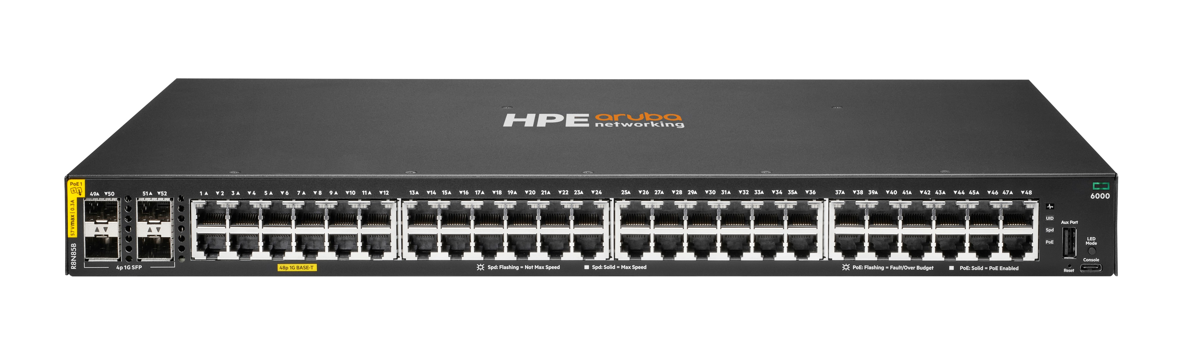 HPE Aruba Networking CX 6000 48-Port Managed Switch PoE+ 370W, 4x SFP, 1U, Schwarz