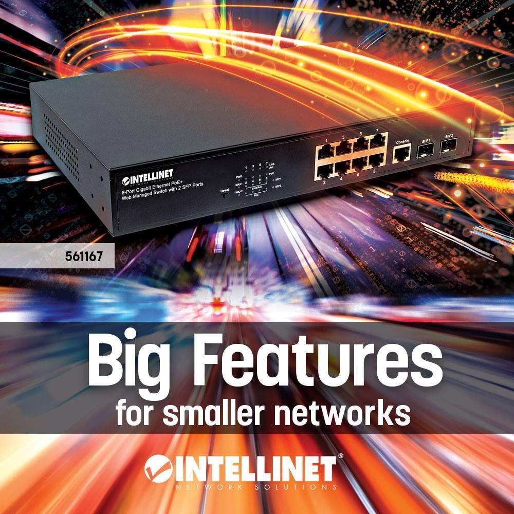 Intellinet 8-Port Gigabit Ethernet PoE+ Web-Managed Switch mit 2 SFP Ports 20 Gbit/s Schwarz