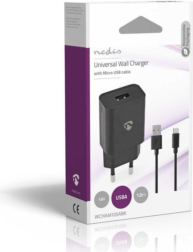 Nedis Netzladegerät 5 W 1.0 A A - Anzahl der Ausgänge: 1, USB-A, Micro USB (Lose) Kabel, Single Voltage Output (WCHAM105ABK)