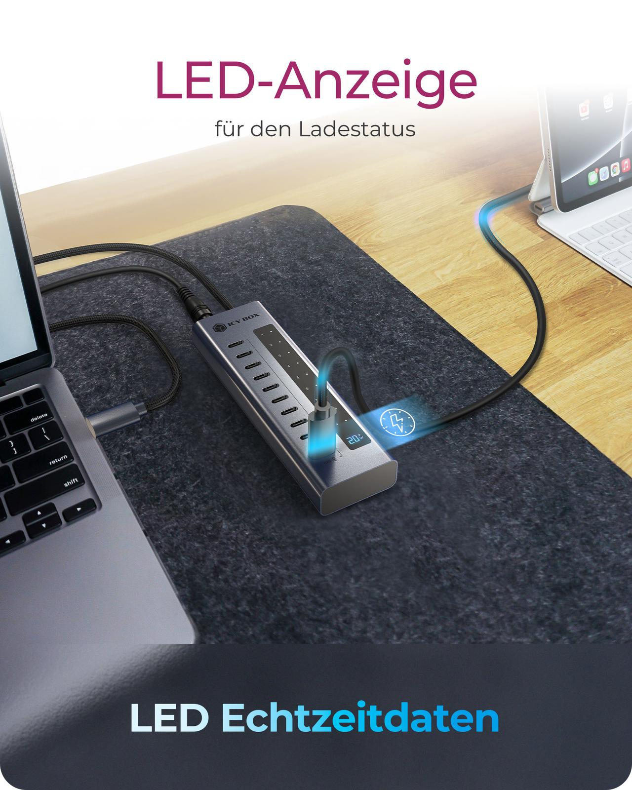 ICY BOX IB-HUB1450-C31 USB-Hub 10x USB-C 3.2 Gen 2 bis 10 Gbit/s 48W Netzteil PD 20W Anthrazit