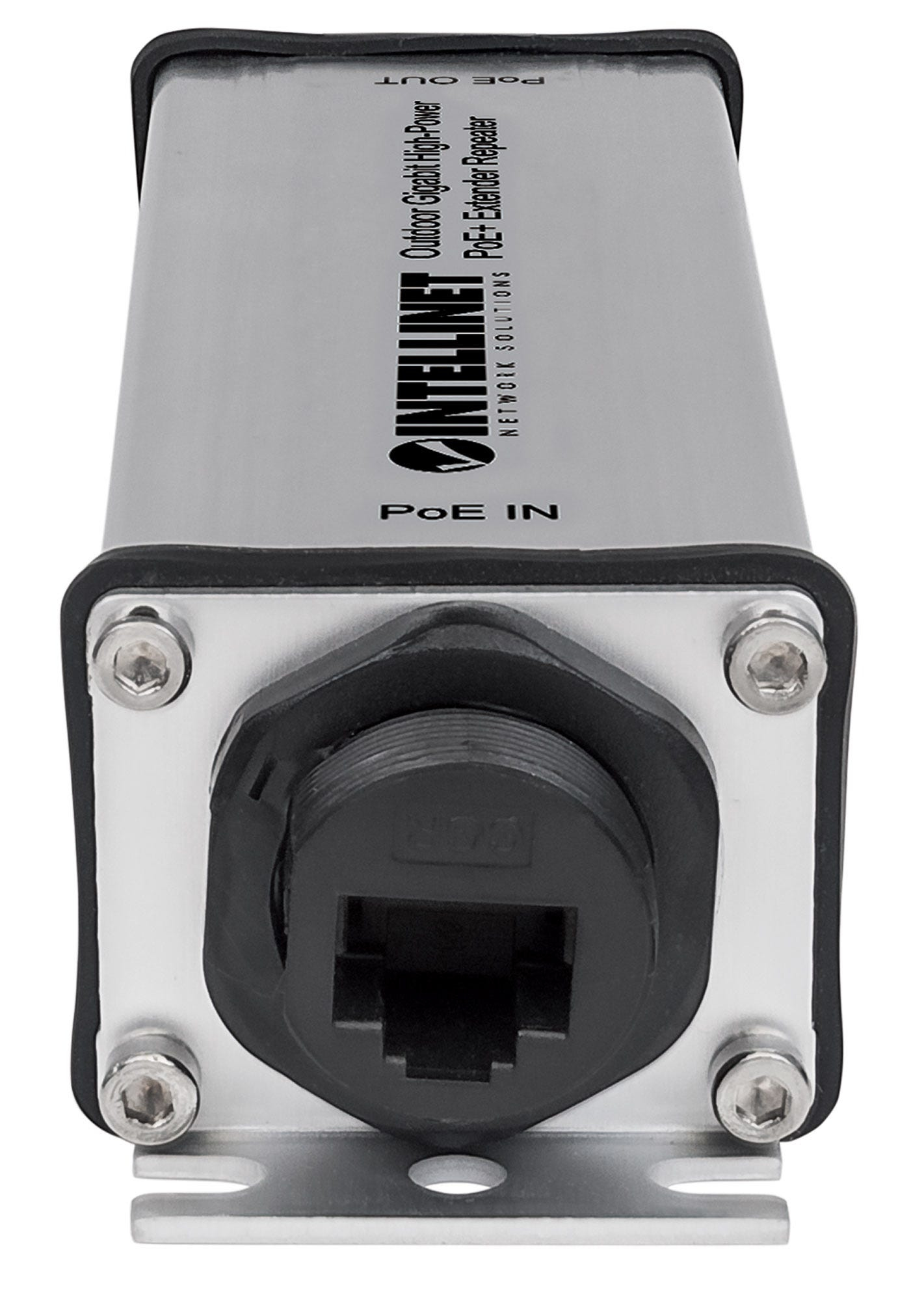 Intellinet Outdoor Gigabit High-Power PoE+ Extender Repeater, IEEE 802.3at/af, bis 100 m, IP65, Schwarz, Grau