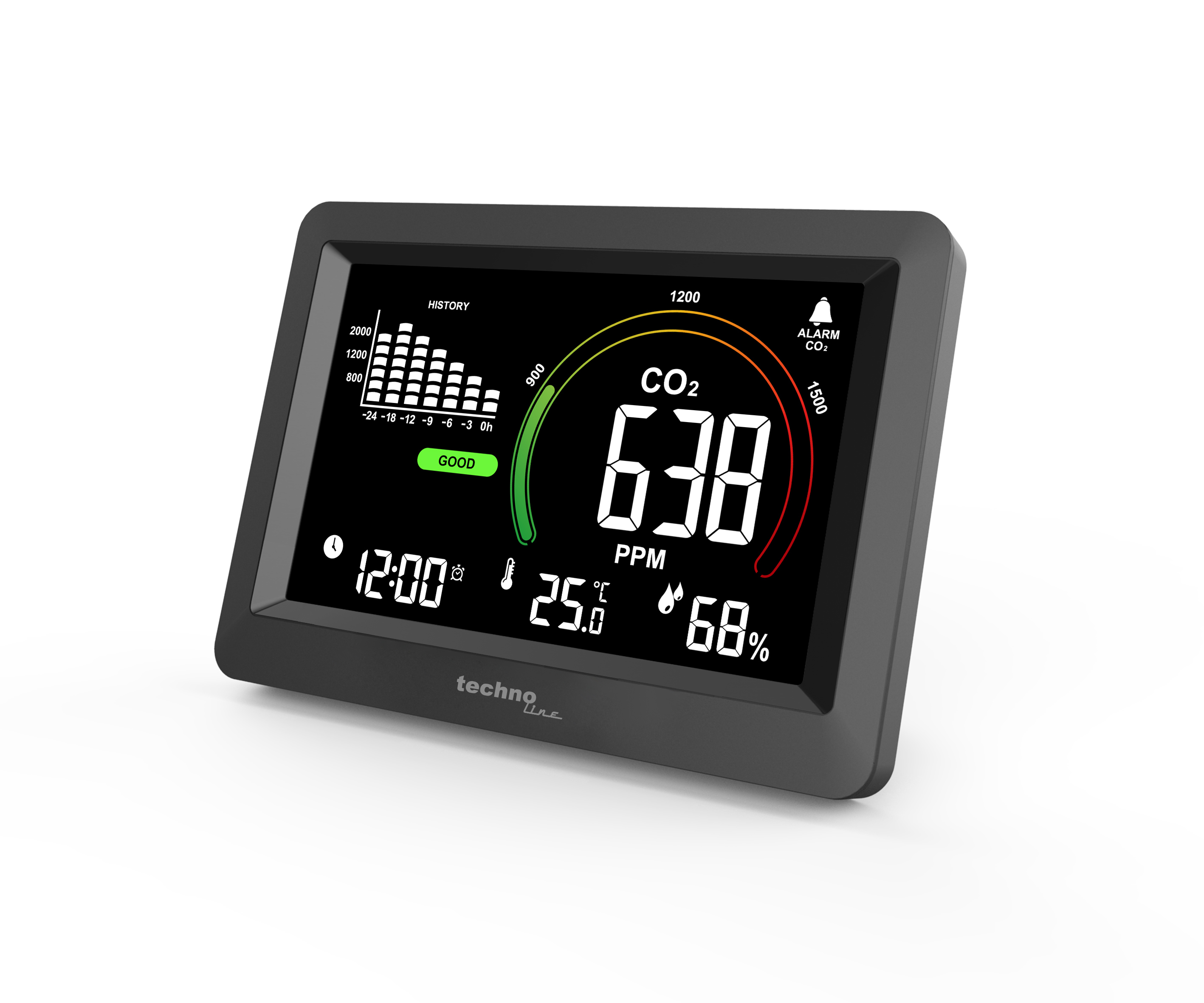 Technoline WL1028 CO2-Messgerät Luftqualitätsmonitor mit Alarm Schwarz