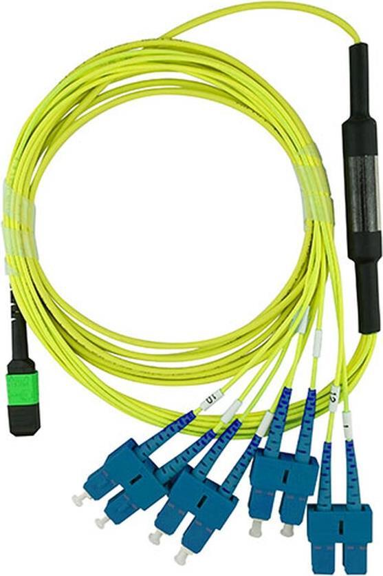 BlueOptics LWL Breakout Kabel, MPO/APC, 4xDuplex SC/UPC, 10 Meter, Singlemode E9/125µm, G.657.A1, Markenfaser, 3.0mm LSZH gelb, 8 Kerne, inkl. Messprotokoll, MPO Stecker ohne Pins (SFP5142BU10MKB)