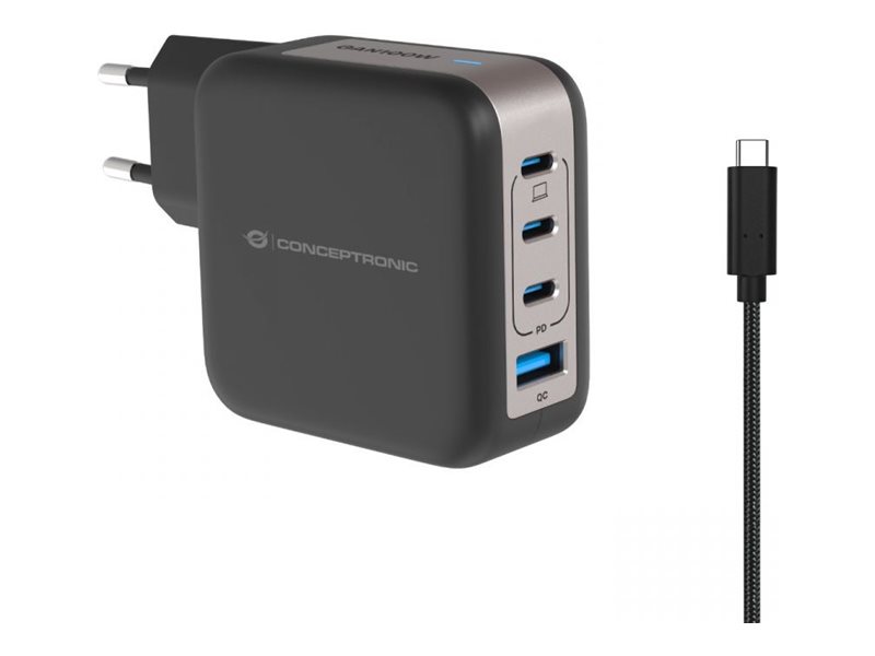 Conceptronic ALTHEA18B 4-Port 100W GaN USB-C Schnellladegerät Schwarz