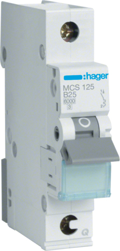 Hager MCS125. Nennstrom: 25 A. Typ: C-type, Module Menge (max): 1 Modul(e). Breite: 17,5 mm, Tiefe: 70 mm, Höhe: 83,4 mm (MCS125)