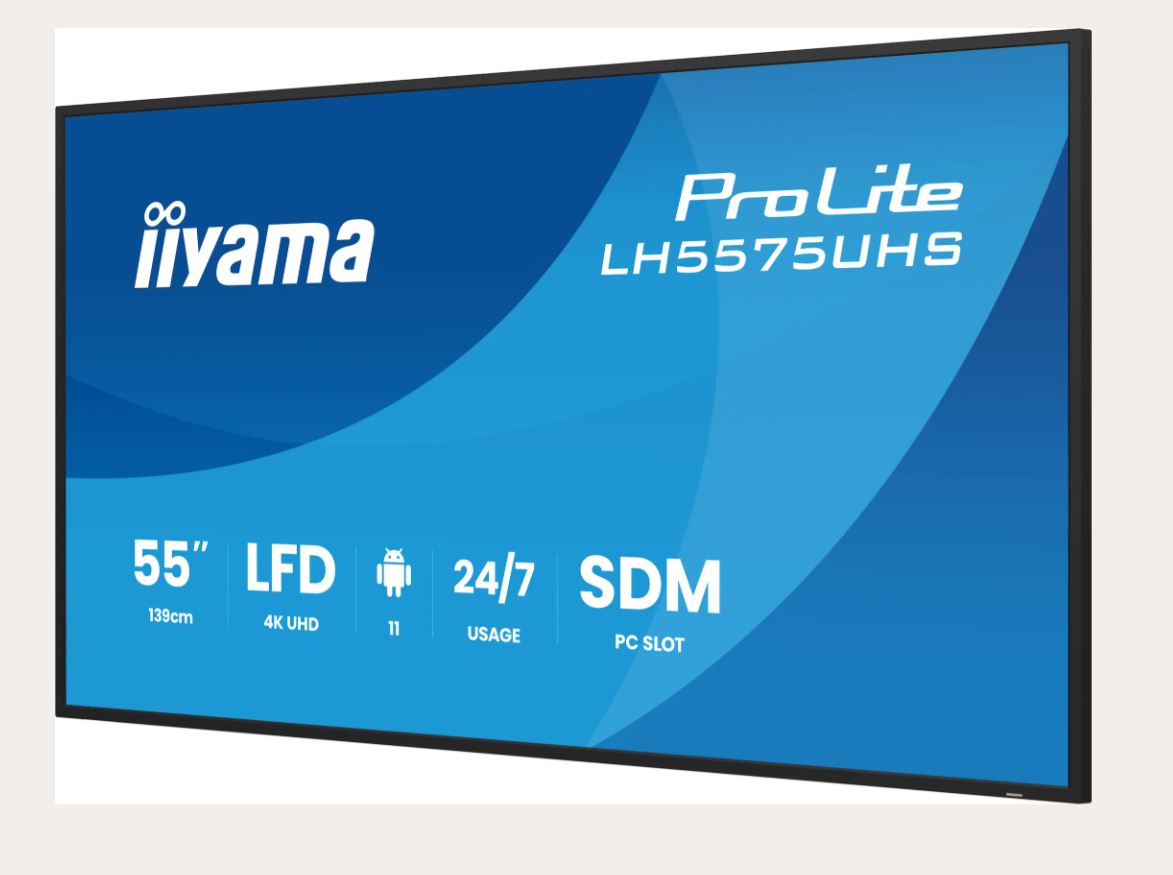 iiyama 55" 3840x2160, UHD IPS panel, Haze 25%, 500cd/m², Landscape and Portrait, Signal FailOver, Speakers 2x 10W, HDMI 3x, DisplayPort, DP-out (MST/HDMI/Mirror/Tiling), USB 2.0 x2, WiFi, LAN, Media Play USB Port, Control LAN / RS232C, iiSignage2 (CMS/DMS), iiSh [Energieklasse G](LH5575UHS-B2AG)