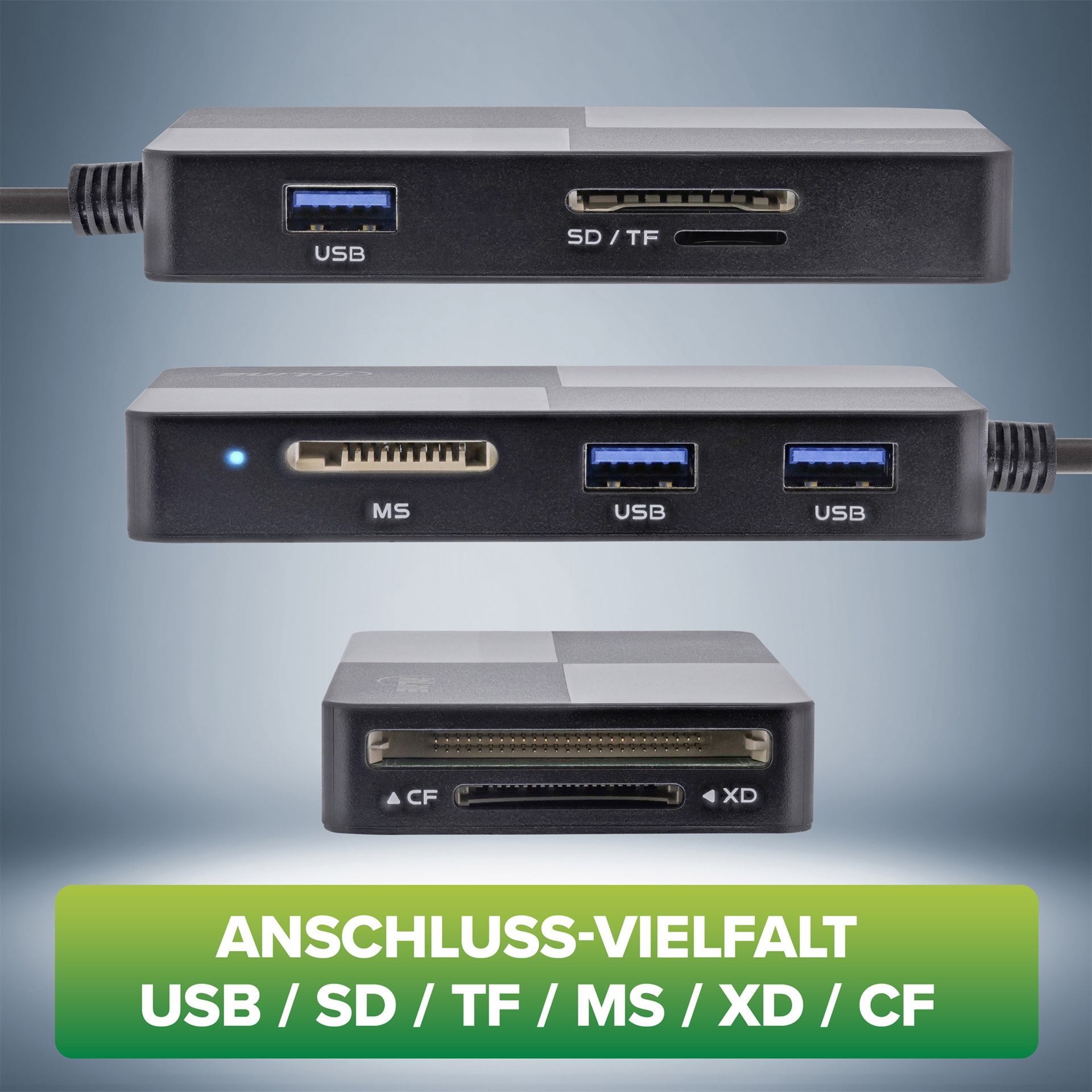 InLine USB 3.2 Multi Cardreader Hub, SD/TF/MS/XD/CF, 3-Port USB-A, Schwarz/Grau