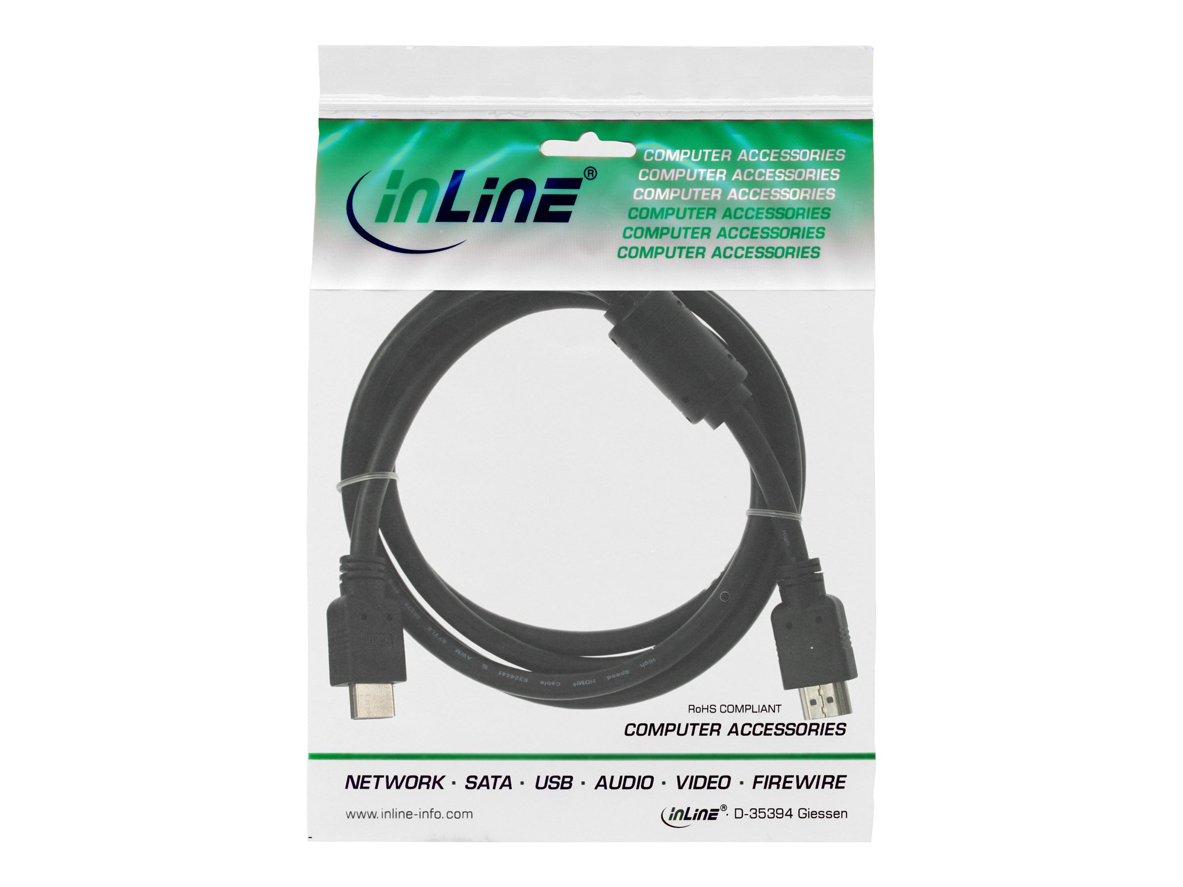 InLine High Speed HDMI-Kabel, HDMI 1.3, Stecker/Stecker, Typ A, 5 Gbit/s, mit Ferrit, 1,5 m, Schwarz