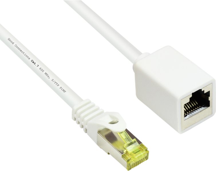 RJ45 Patchkabelverlängerung mitCat.7 Rohkabel und Rastnasenschutz (RNS®), S/FTP, PiMF, halogenfrei, 600MHz, OFC, weiß, 3m, Good Connections® (8070VR-030W)