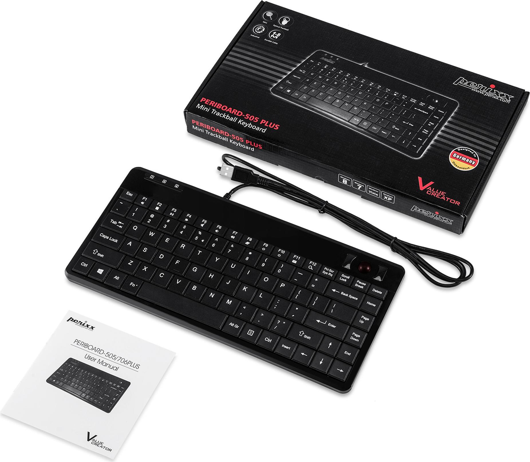 Perixx PERIBOARD-505H Plus USB-Tastatur mit optischem Trackball Deutsch Piano Black