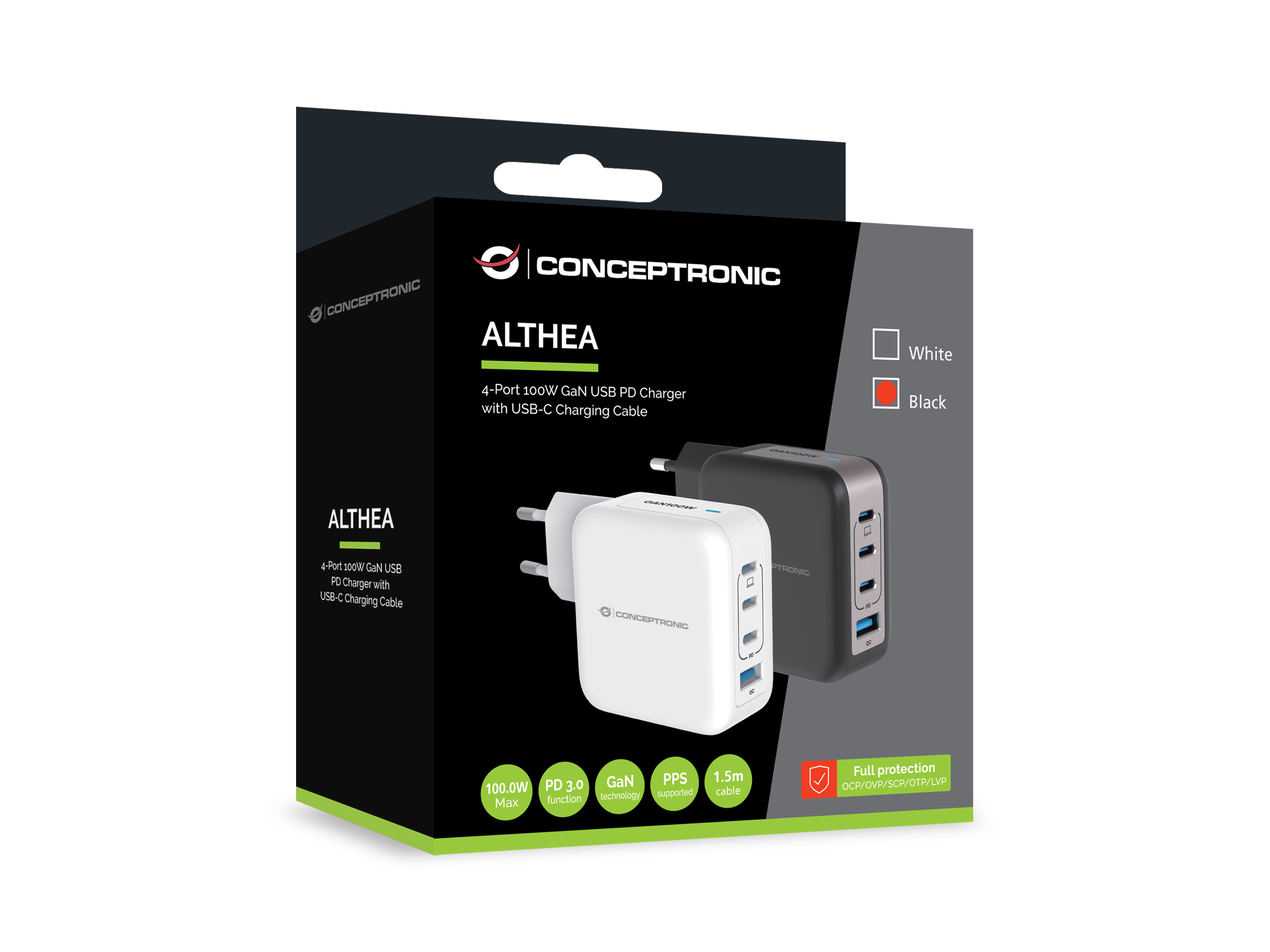 Conceptronic ALTHEA18B 4-Port 100W GaN USB-C Schnellladegerät Schwarz