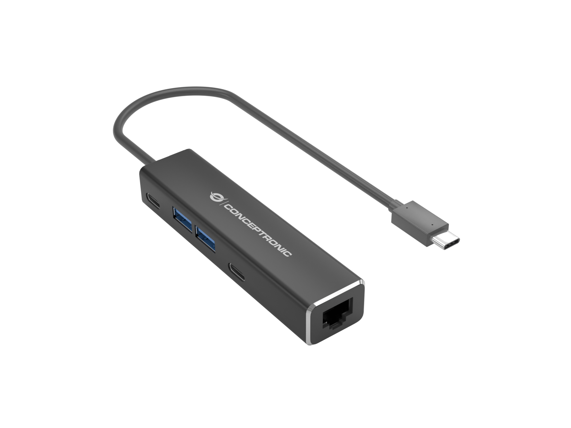 Conceptronic ABBY14B 2.5G Ethernet USB 3.2 Gen 1 Adapter mit USB-Hub Aluminium Grau