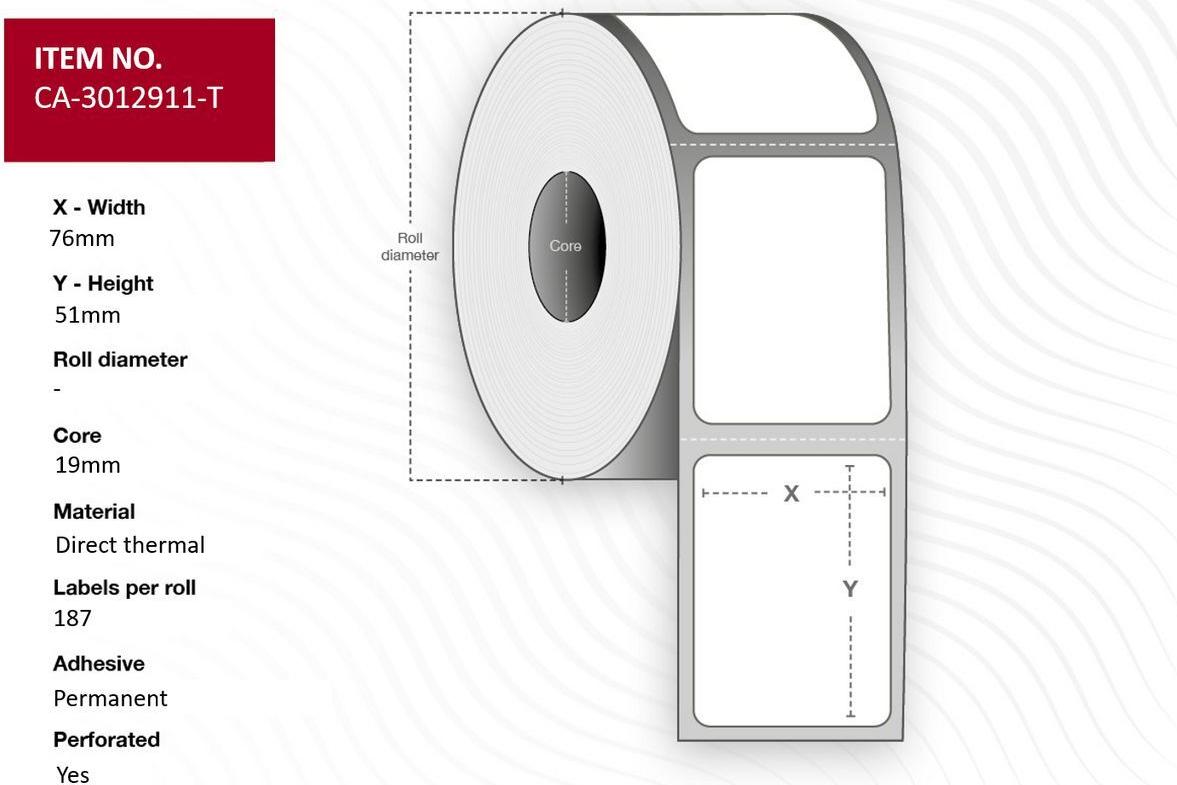 Capture 76 x 51mm, Core 19mm, Direct adhesive, Uncoated, Perforation, Outside roll diameter 51mm, 187 labels per (CA-3012911-T)