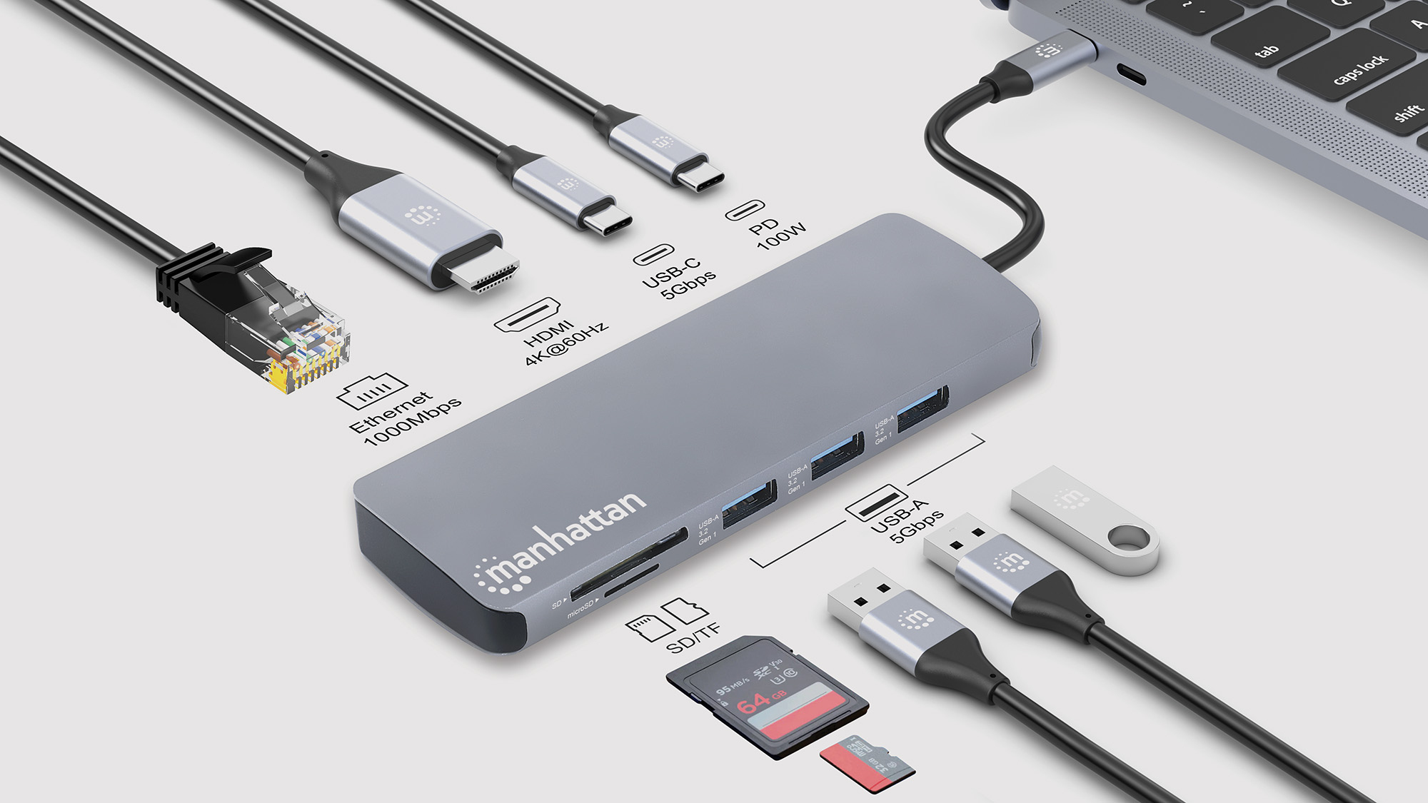 Manhattan 190459 Dockingstation USB-C 3.2 Gen 1 HDMI 1GbE Space-grau