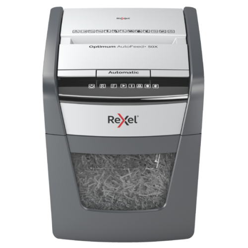 Rexel Optimum AutoFeed+ 50X Aktenvernichter Kreuzschnitt P-4 50 Blatt Schwarz, Grau