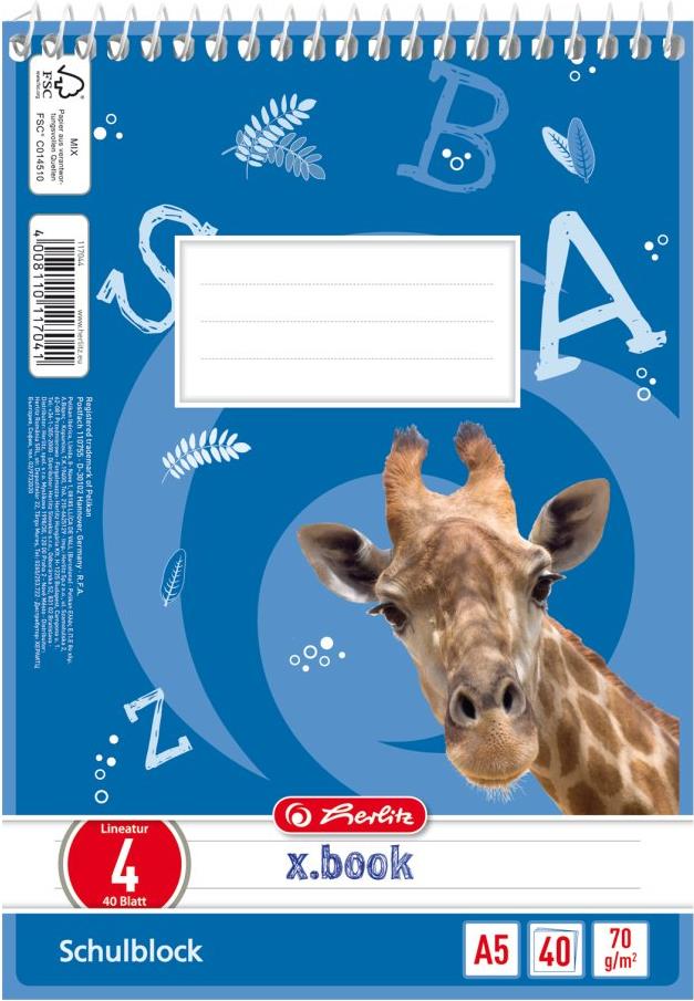 herlitz Sprialschulblock, X-Book DIN A5, Lineatur 4 4. Schuljahr, liniert, ohne Rand, 40 Blatt, 70 g-qm, holz- (117044)