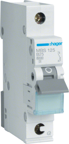 Hager MBS125. Nennstrom: 25 A. Typ: B-type, Module Menge (max): 1 Modul(e). Breite: 17,5 mm, Tiefe: 70 mm, Höhe: 83,4 mm (MBS125)