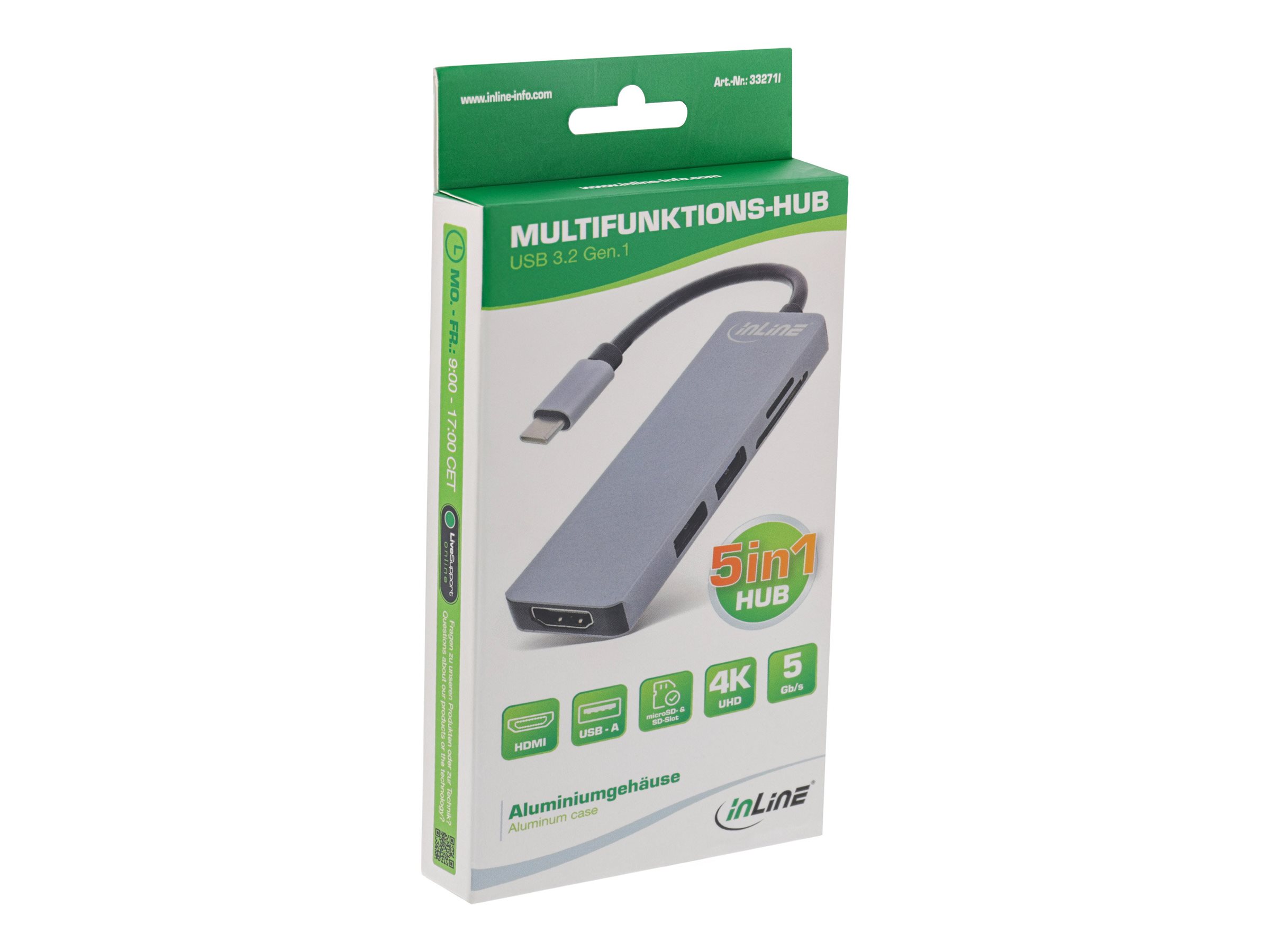InLine Multifunktions-Hub USB 3.2 Gen 1 2x USB-A HDMI 4K/30Hz Cardreader Aluminium Grau